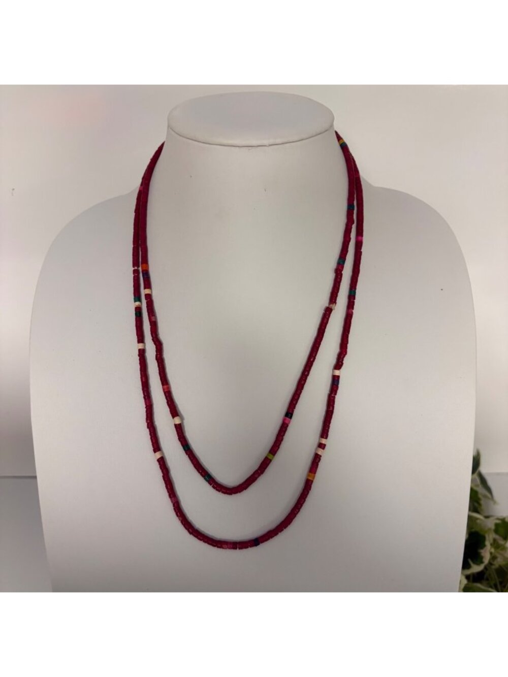 Red Tube Bead Necklace Multi Color Accents Long Bohemian Tribal African